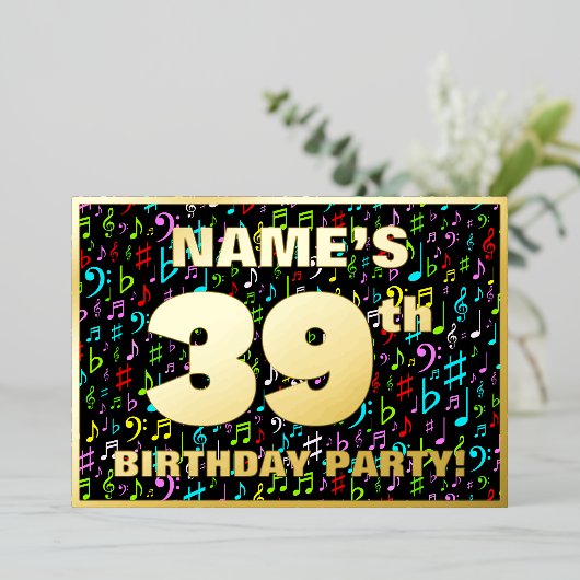 39th Birthday Party —おもしろい、音楽カラフル記号 箔招待状 (立ち正面)