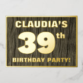 39th Birthday Party:, はっきりした Wood Grain Patternフェイ 箔招待状 (正面)
