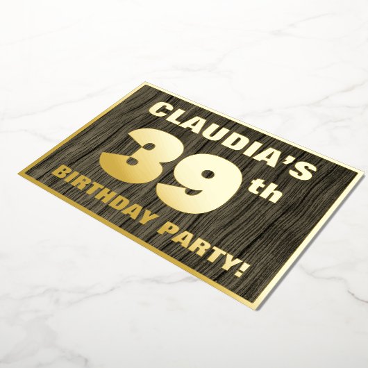 39th Birthday Party:, はっきりした Wood Grain Patternフェイ 箔招待状 (回転した状態)