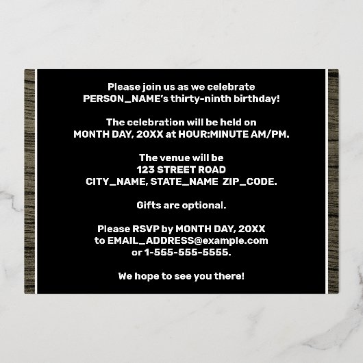 39th Birthday Party:, はっきりした Wood Grain Patternフェイ 箔招待状 (裏面)