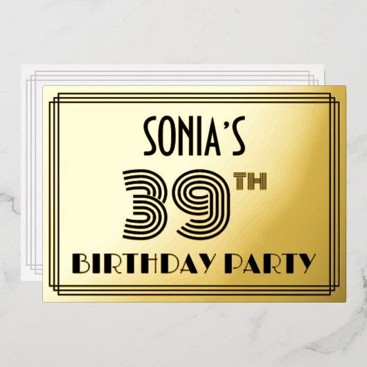 39th Birthday Party —アールデコスタイル「39」 & Name 箔招待状 (正面/裏面)