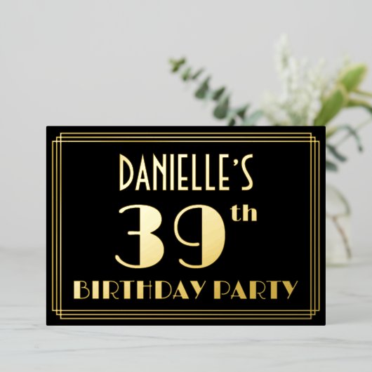 39th Birthday Party:アールデコルック"39"，名前あり 箔招待状 (立ち正面)