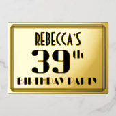 39th Birthday Party:アールデコ「39」と名前 箔招待状 (正面)