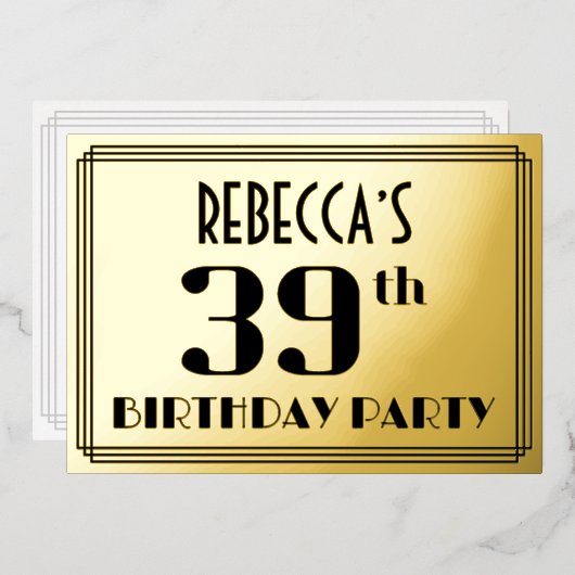 39th Birthday Party:アールデコ「39」と名前 箔招待状 (正面/裏面)