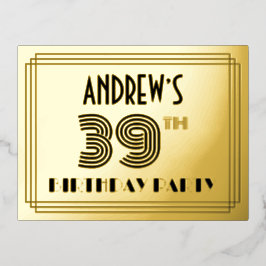 39th Birthday Party ~ Art Deco Style “39” + Name 箔招待状ポストカード