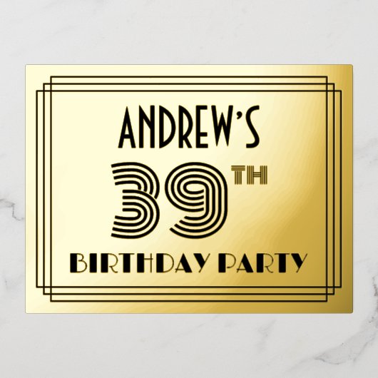 39th Birthday Party ~ Art Deco Style “39” + Name 箔招待状ポストカード (正面)