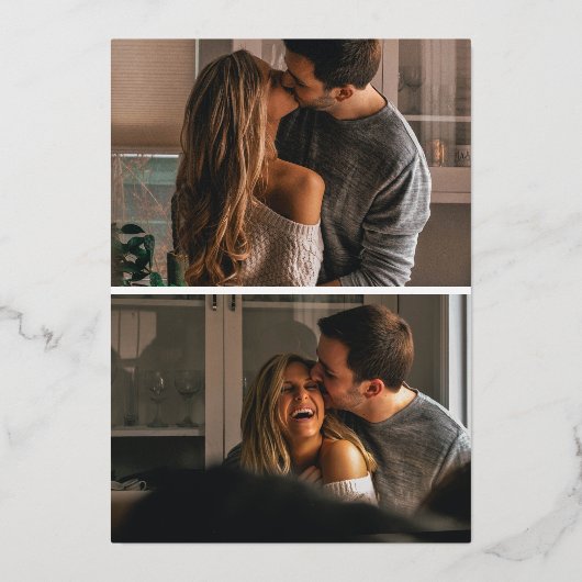 3 エレガントモダン写真結婚式の日付金ゴールドを保存 箔招待状 (裏面)