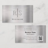 3-エレガントDモノグラムおよび名前QRコードブラシ付きシルバー 名刺 (正面/裏面)