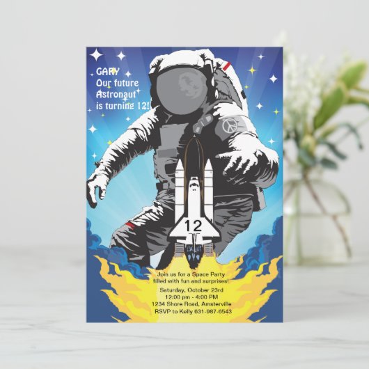 3-2-1テイクオフ宇宙誕生日パーティーへの招待 招待状 (スタンド正面)