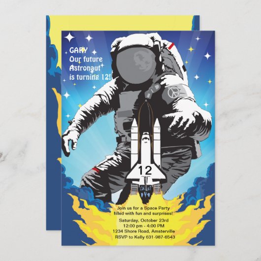 3-2-1テイクオフ宇宙誕生日パーティーへの招待 招待状 (正面/裏面)