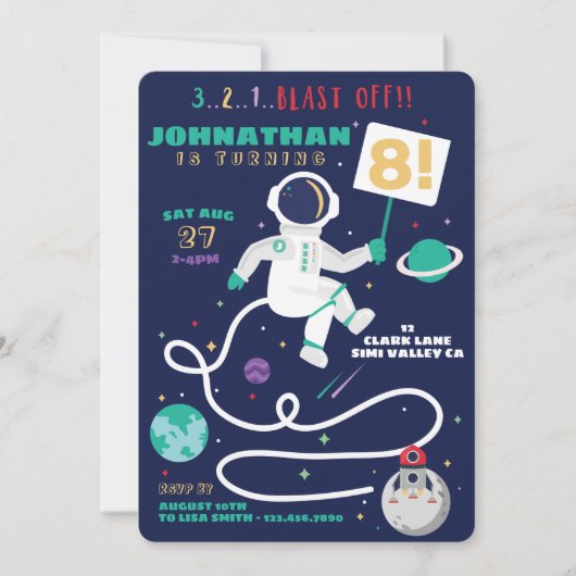 3 2 1ブラストオフ誕生日宇宙飛行士宇宙テーマ 招待状 (正面)