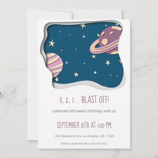 3 2 1ブラストオフ銀河系テーマガールファースト誕生日 招待状 (正面)