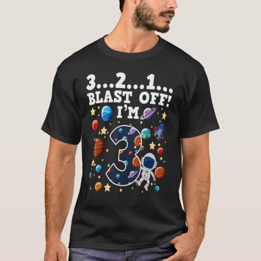 3 2 1 Blast Off I'm 3宇宙誕生日パーティー3rd Tシャツ (正面)