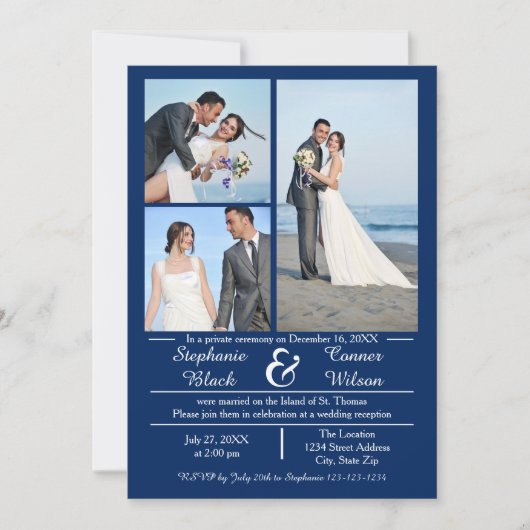 3/4枚の写真(縦の青結婚色) 招待状 (正面)