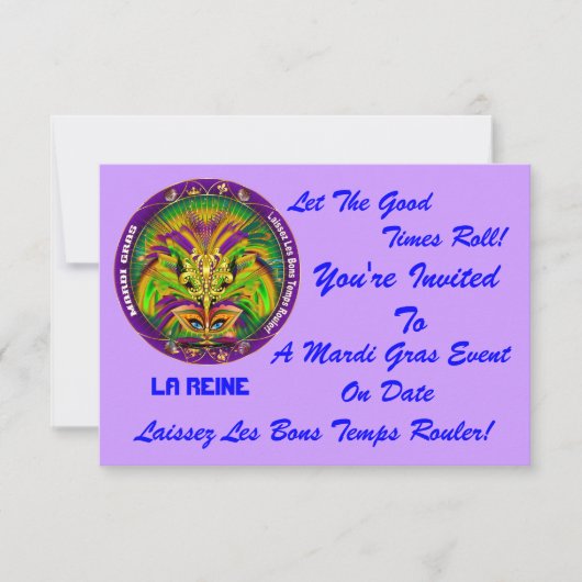 3.5インチx 5インチランドスケープMardi Gras Please View Notes 招待状 (正面)