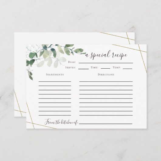 3.5"x5"ユーカリブライダルシャワーレシピカード エンクロージャーカード (正面/裏面)