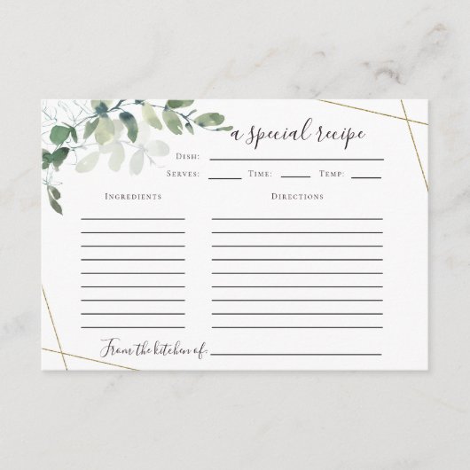 3.5"x5"ユーカリブライダルシャワーレシピカード エンクロージャーカード (正面)