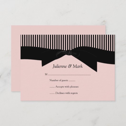 3.5x5ピンクおよびブラックのストライプRSVP 出欠カード (正面/裏面)