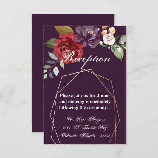 3.5x5披露宴カードプラムパープルバラ金ゴールドジオメトリ 招待状 (正面/裏面)