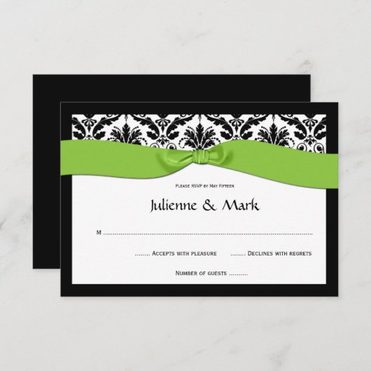 3.5x5白黒のダマスク織のライムグリーンRSVP 出欠カード (正面/裏面)