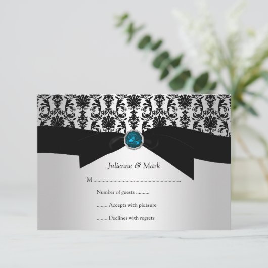 3.5x5黒い銀製のダマスク織のターコイズの宝石RSVP 出欠カード (スタンド正面)