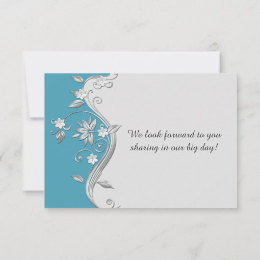 3.5x5 オルネイトなターコイズブルーとシルバーの花模様の返信カード 招待状 (裏面)