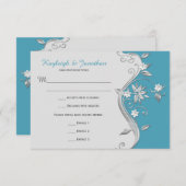 3.5x5 オルネイトなターコイズブルーとシルバーの花模様の返信カード 招待状 (正面/裏面)