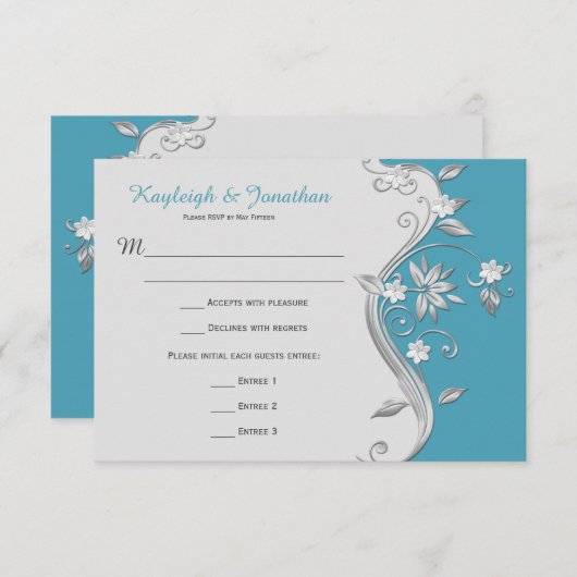 3.5x5 オルネイトなターコイズブルーとシルバーの花模様の返信カード 招待状 (正面/裏面)