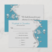 3.5x5 オルネートなターコイズブルーとシルバーの花と渦模様の返信カード 招待状 (正面/裏面)
