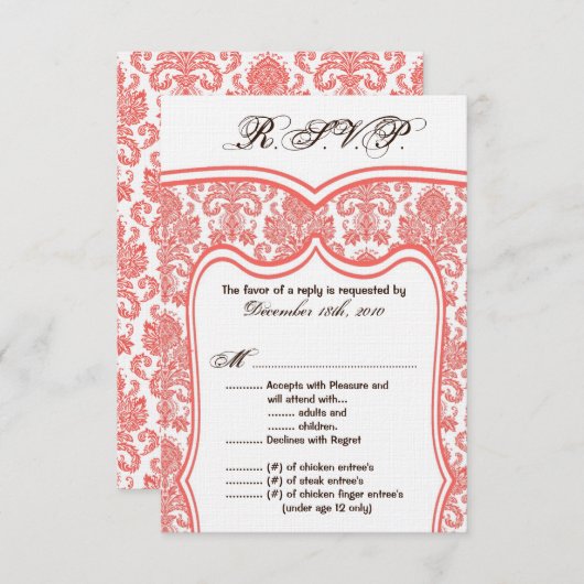 3.5x5 ダマスク柄の結婚式用返信カード 出欠カード (正面/裏面)