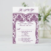 3.5x5 返信ハガキ 結婚式 梅紫 ダマスク 出欠カード (スタンド正面)