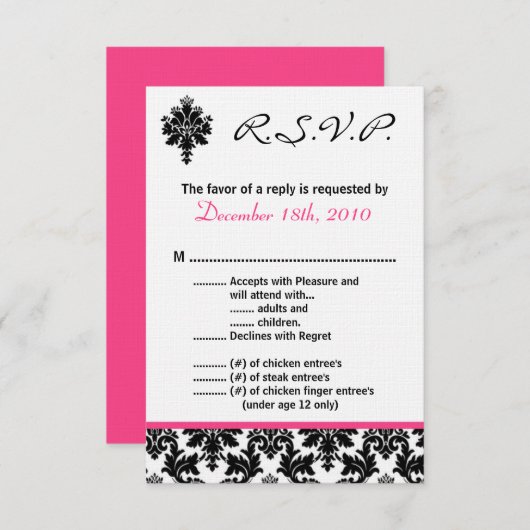 3.5x5 返信ハガキ 黒 ピンク ダマック 出欠カード (正面/裏面)