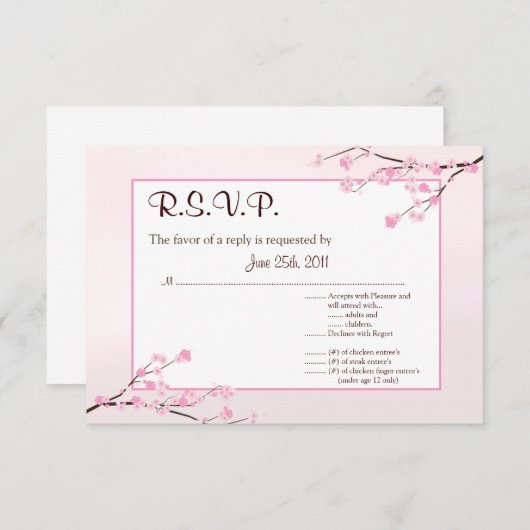 3.5x5 R.S.V.P返信カードピンクさくらんぼ花 招待状 (正面/裏面)