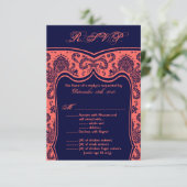 3.5x5 R.S.V.P.カードのネイビー結婚ブルーコーラルダマスク 招待状 (スタンド正面)