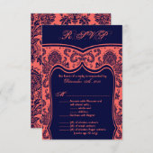 3.5x5 R.S.V.P.カードのネイビー結婚ブルーコーラルダマスク 招待状 (正面/裏面)