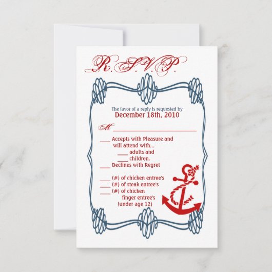 3.5x5 R.S.V.P.カードネイビーノット航海のいかりブルー 出欠カード (正面)