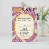 3.5x5 R.S.V.P.カードパープル金ゴールドダマスクレースプリント 招待状 (スタンド正面)