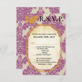 3.5x5 R.S.V.P.カードパープル金ゴールドダマスクレースプリント 招待状 (正面/裏面)