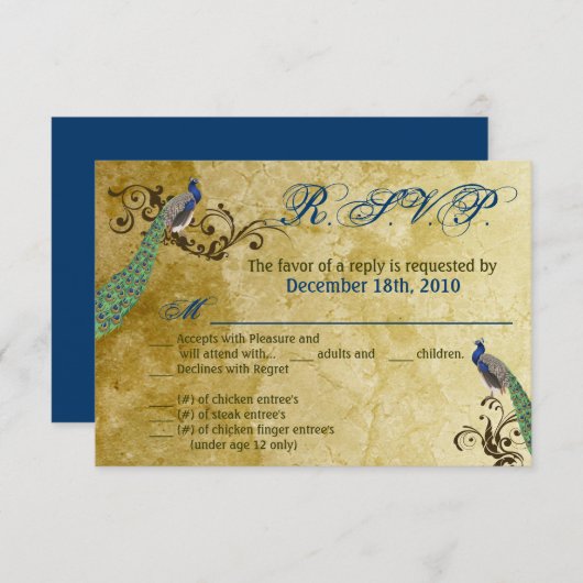 3.5x5 R.S.V.P.カードピーコックヴィンテージ羽鳥 招待状 (正面/裏面)