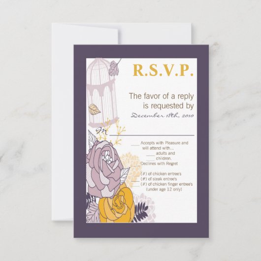 3.5x5 R.S.V.P.カードヴィンテージプラムマスタードバラ鳥 招待状 (正面)