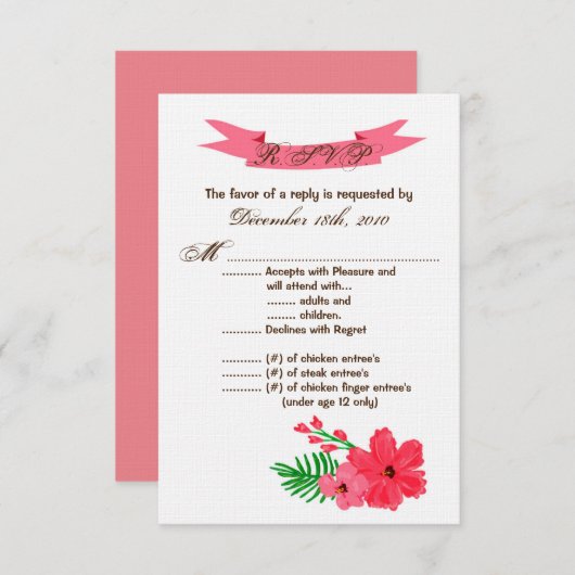 3.5x5 R.S.V.P.カード春ハイビスカスフラワーハワイア 招待状 (正面/裏面)
