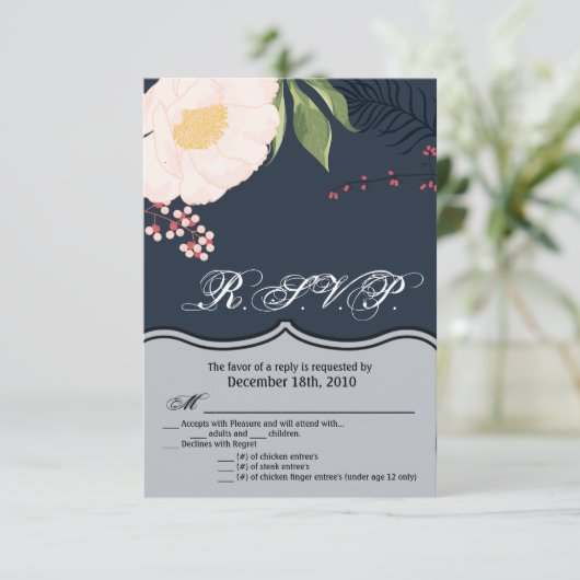 3.5x5 R.S.V.P.カード白フローラ花Bの暗い 招待状 (スタンド正面)