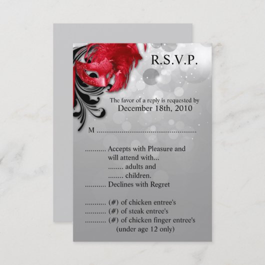 3.5x5 R.S.V.P.カード赤い仮面舞踏会のマスク 出欠カード (正面/裏面)