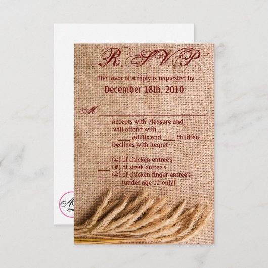 3.5x5 R.S.V.P. Burlap Sack Country Rのカード用小麦 招待状 (正面/裏面)