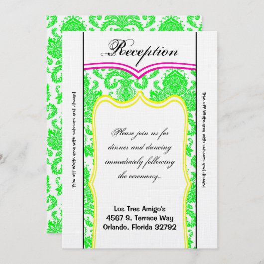 3.5x7披露宴カードネオングリーンピンクオレンジダマスク 招待状 (正面/裏面)