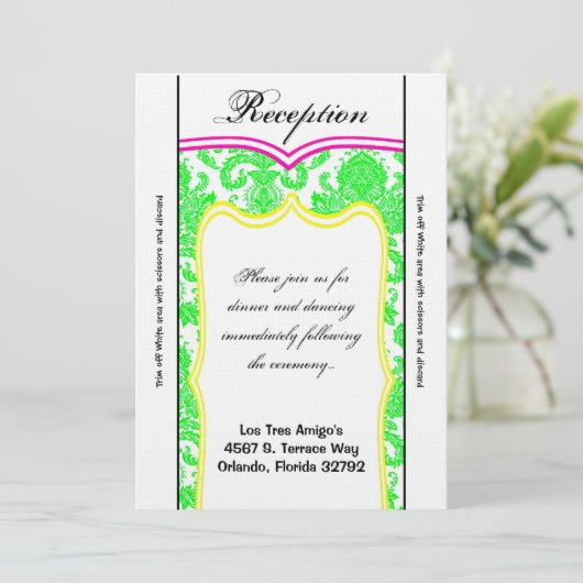 3.5x7披露宴カードネオングリーンピンクオレンジダマスク 招待状 (スタンド正面)
