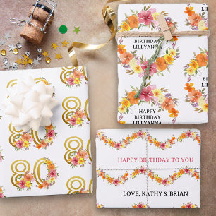 3 80誕生日と任意の年齢のフローラのセットカラフル ラッピングペーパーシート