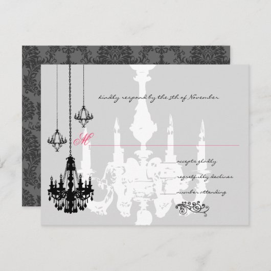 3 Black Chandeliers Pink Accent 結婚's 出欠カード (正面/裏面)