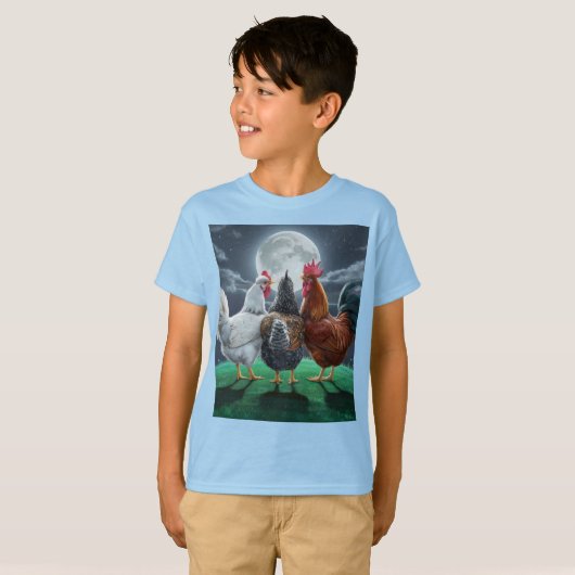 3 Chickens chilling out watching the moon  Tシャツ (正面フル)