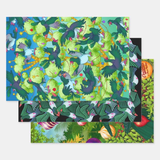 3 Christmas Kereruデザイン ラッピングペーパーシート (セット)